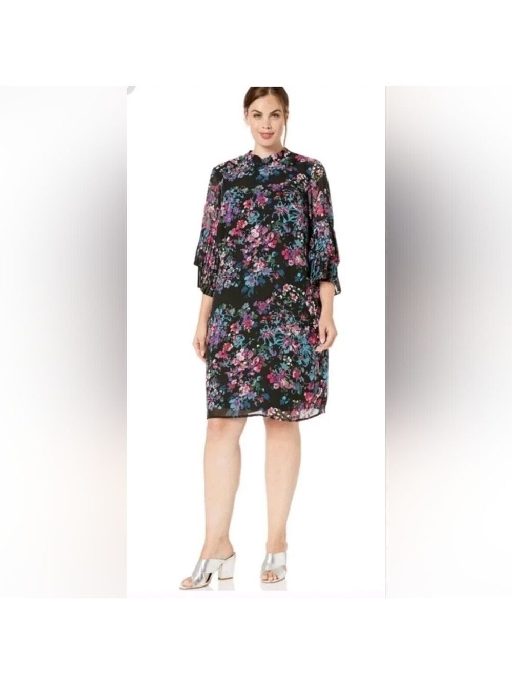 Sharagano Tiered Sleeve Black Floral Chiffon Shift Dress